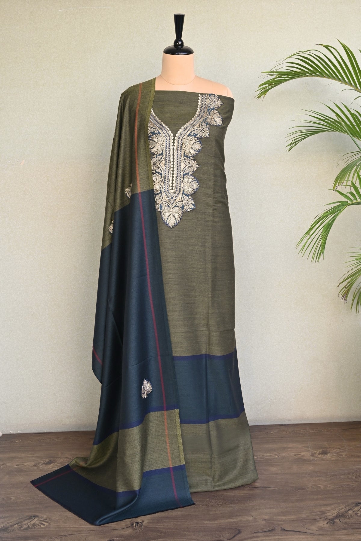Olive Green Fine Wool Zari Embroidered Unstitched Suit