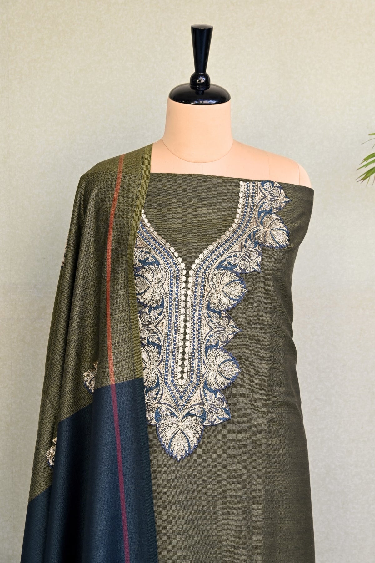 Olive Green Fine Wool Zari Embroidered Unstitched Suit