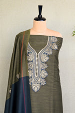 Olive Green Fine Wool Zari Embroidered Unstitched Suit