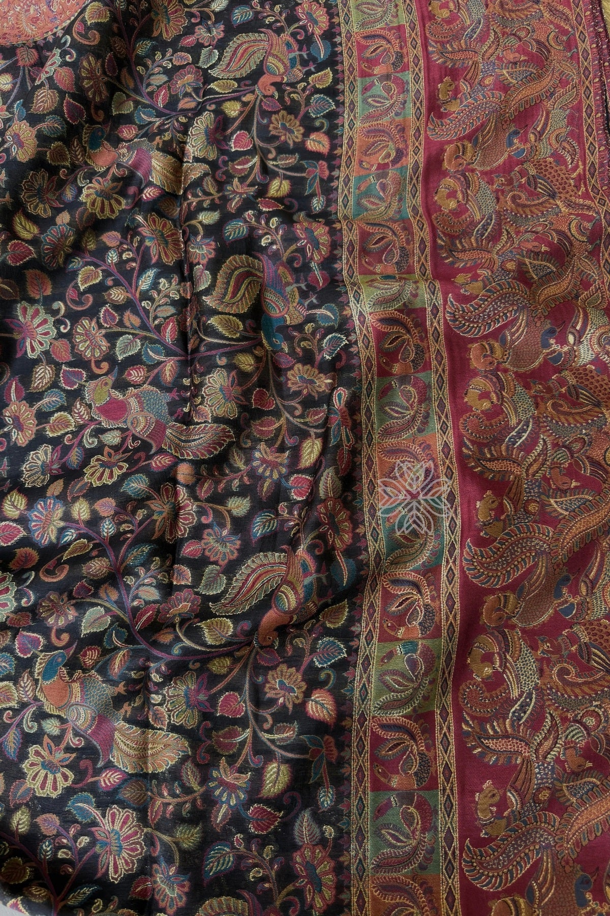 Smoky Black Kani Kalamkari Silk Saree