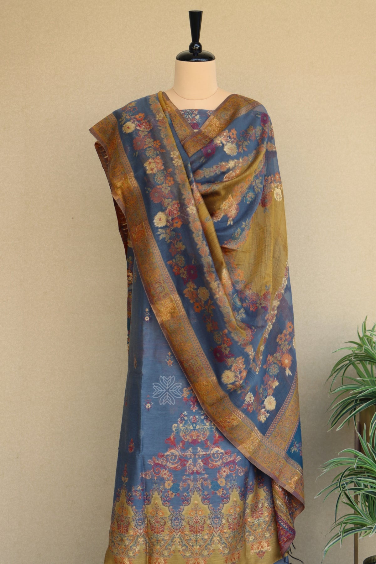 Grey Kani Silk Linen Suit with Floral Dupatta