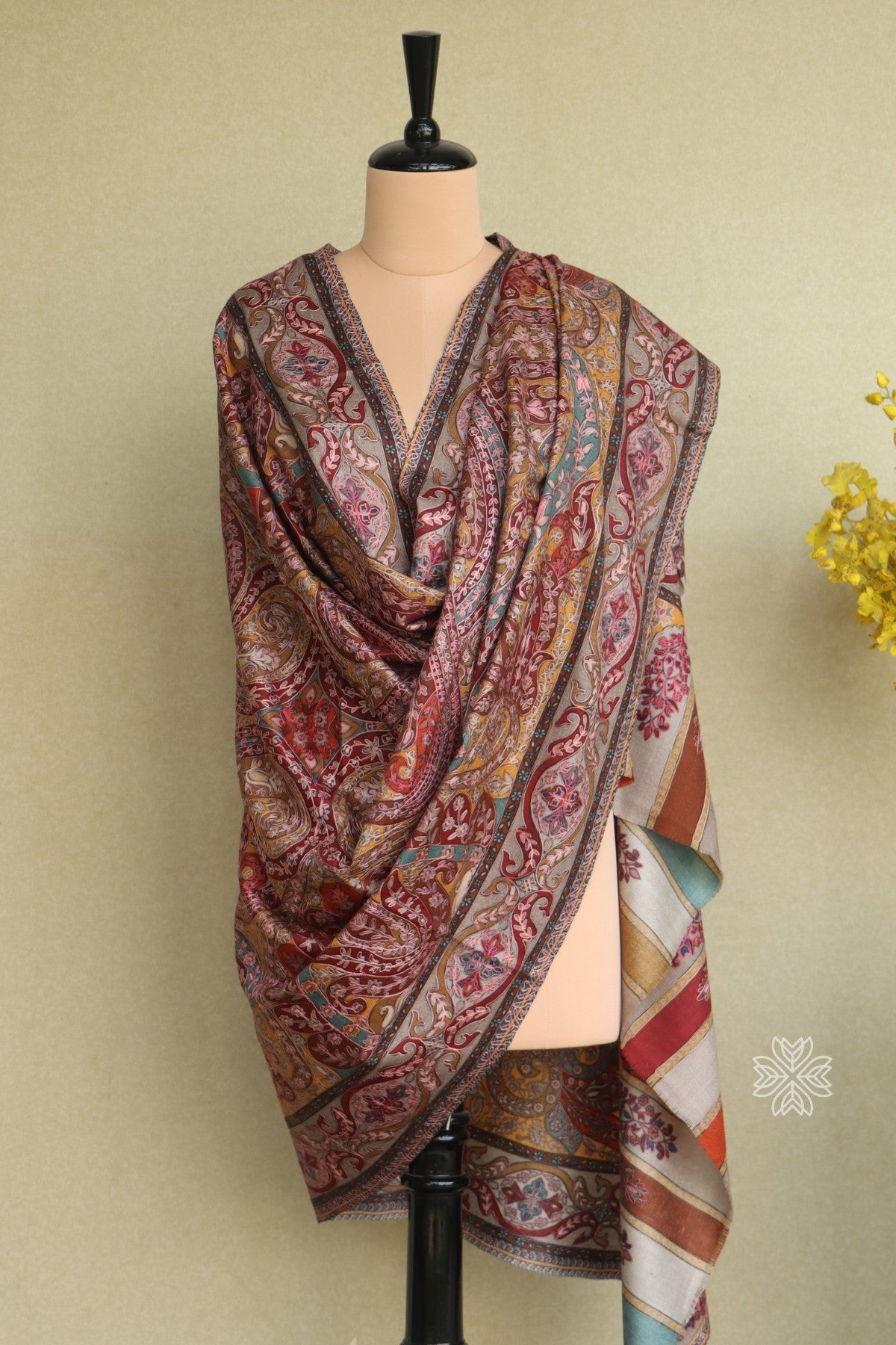 Beige Kalamkari Fine Wool Shawl
