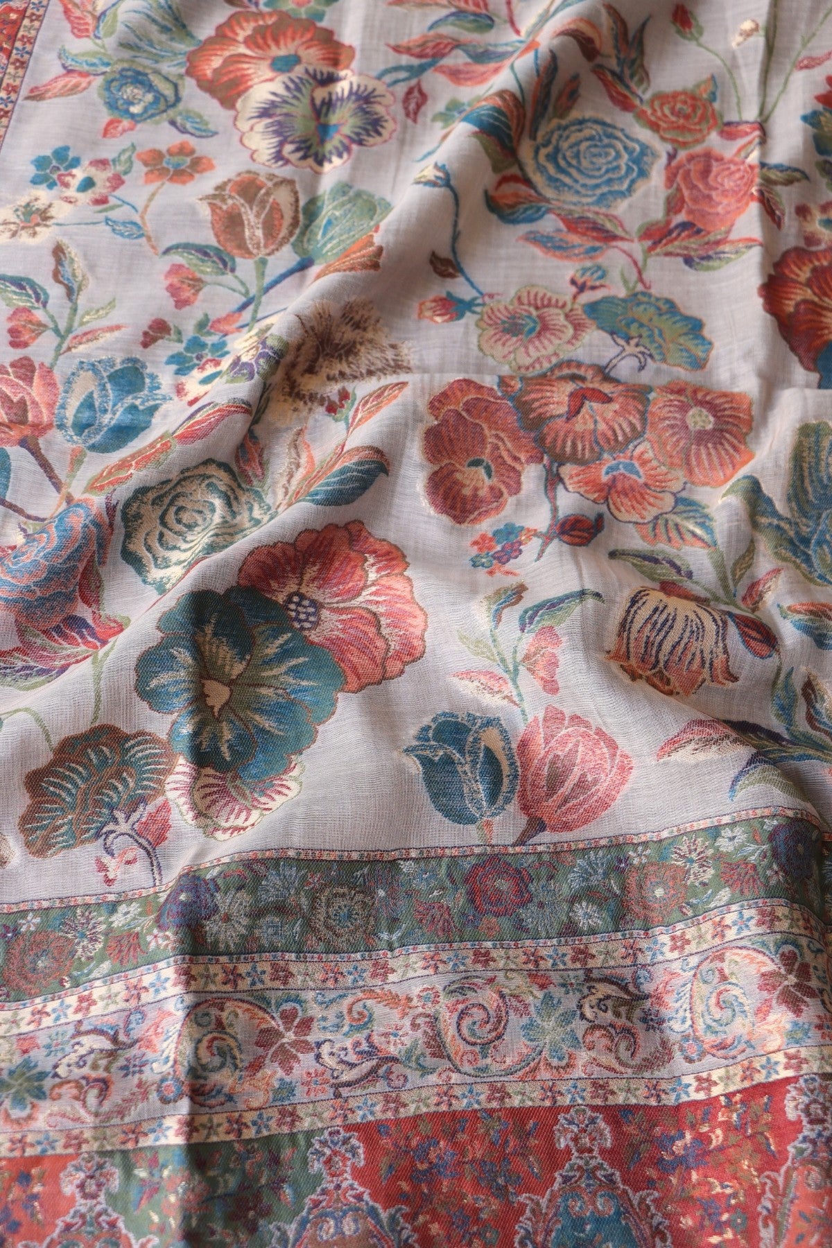 Beige Floral Kani Silk Dupatta