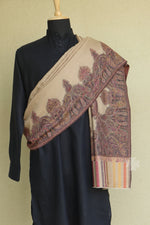 Beige Men Fine Wool Jamawar Border Shawl