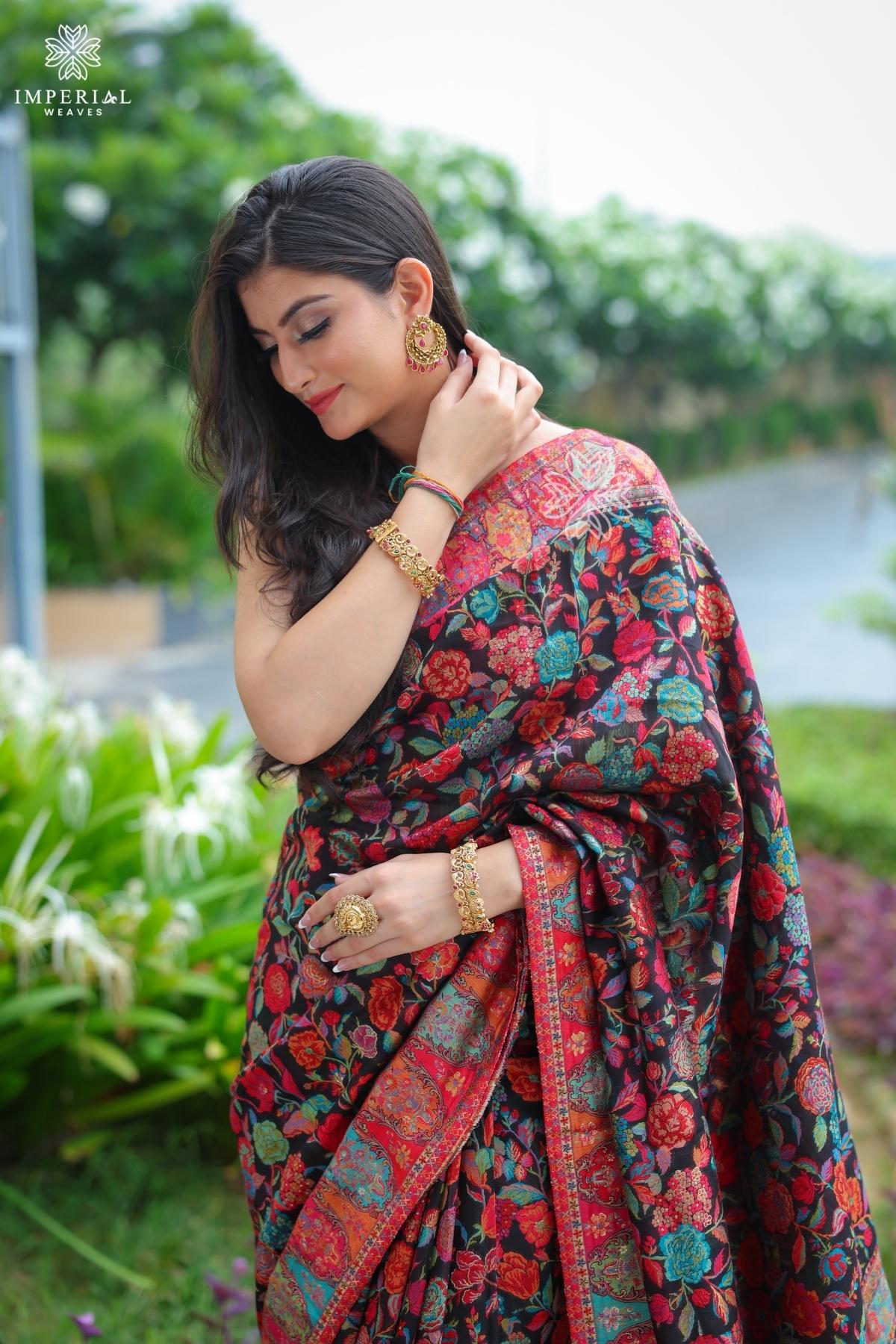 Black Floral Kani Silk Saree - Imperial Weaves