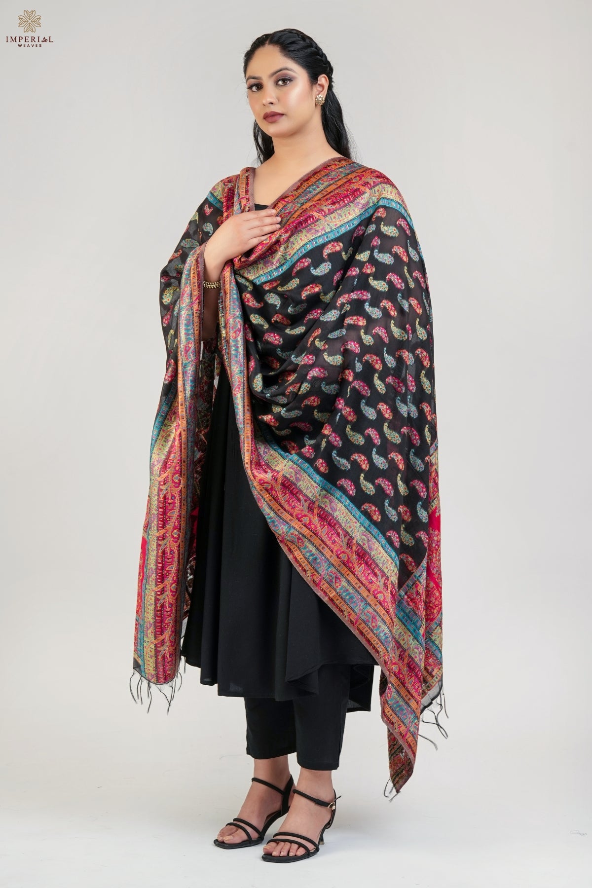 Black Paisley Kani Silk Dupatta -imperial Weaves
