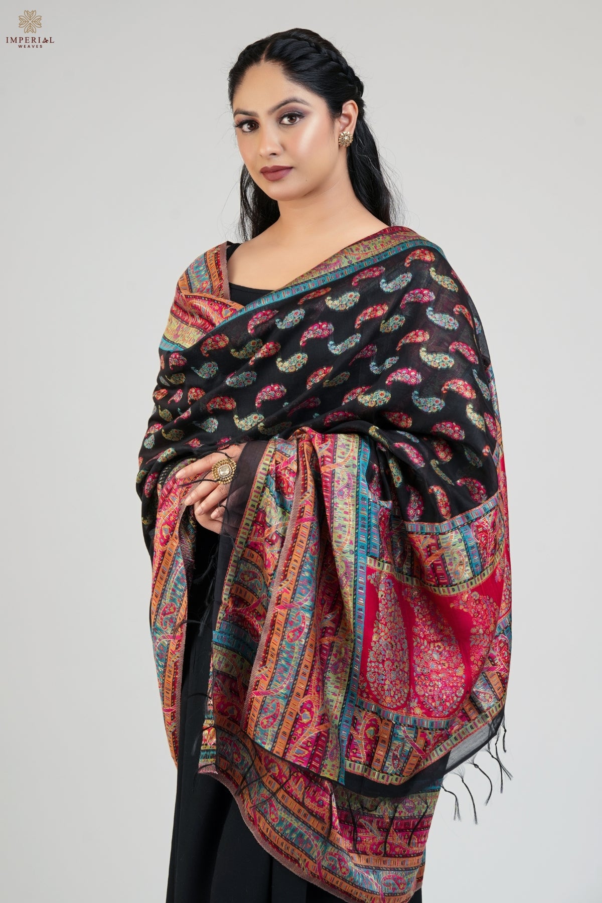 Black Paisley Kani Silk Dupatta -imperial Weaves