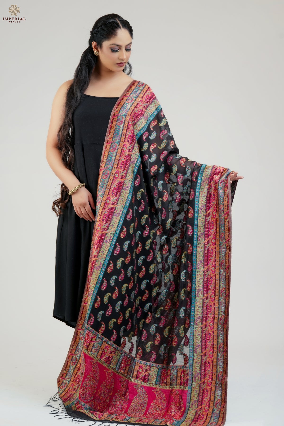 Black Paisley Kani Silk Dupatta -imperial Weaves