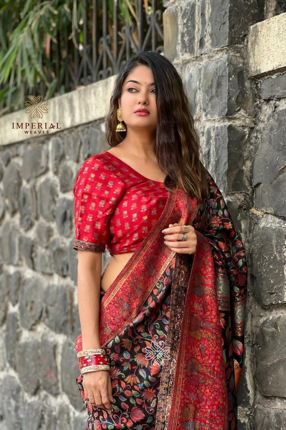 Black Floral Mughal Design Kani Silk Saree