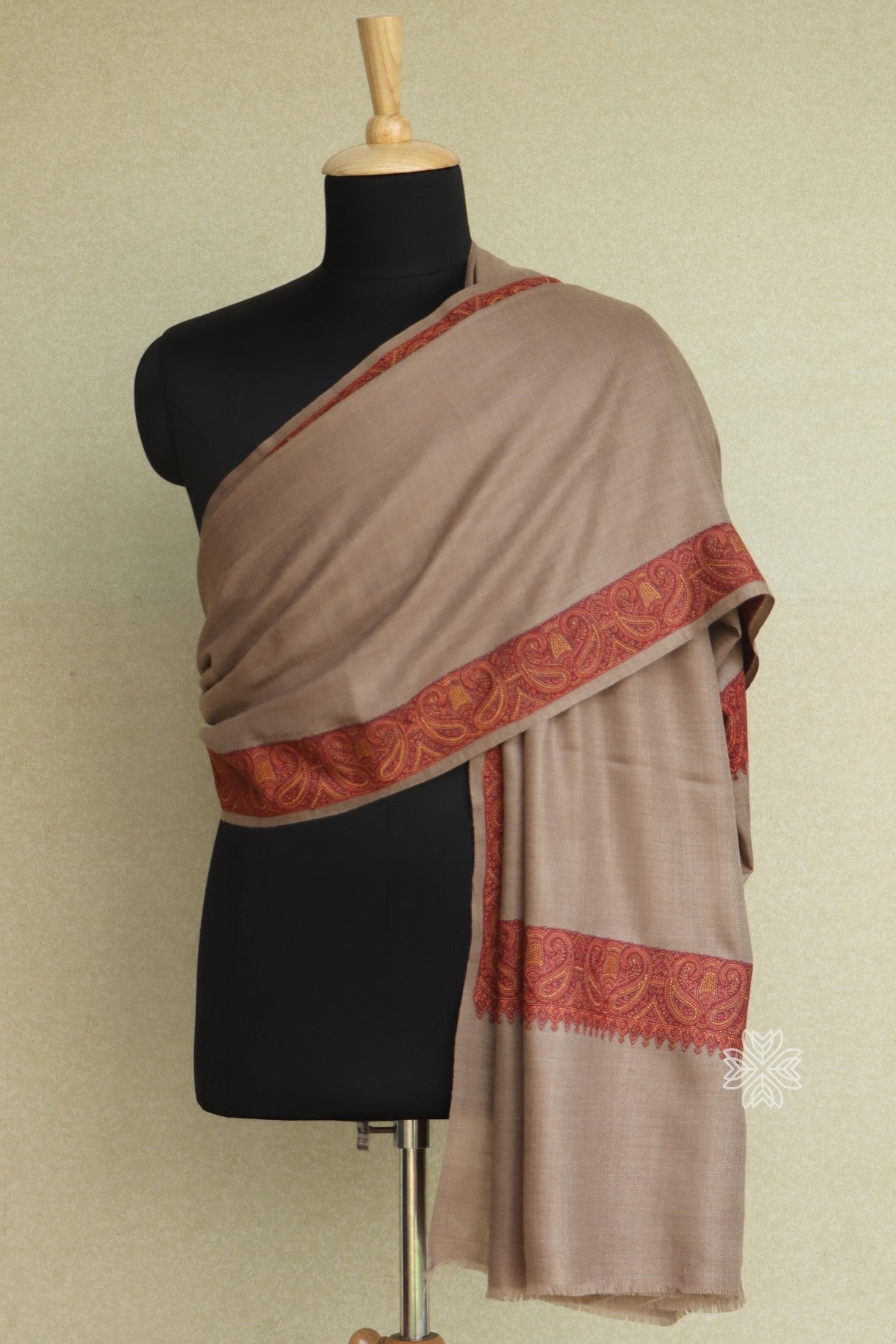 Natural Colored Sozni Embroidered Mens Fine Wool Shawl