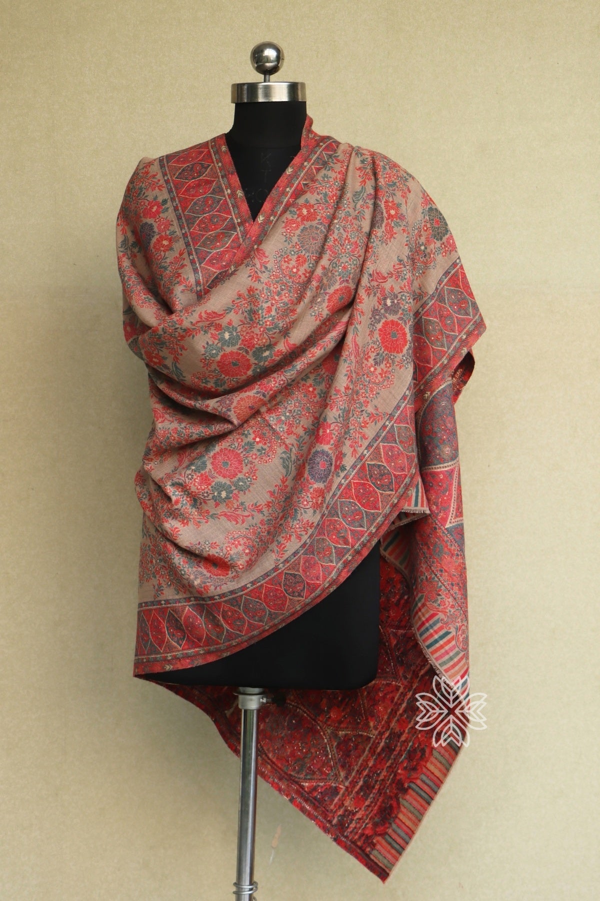 Beige Floral Kani Fine Wool Shawl
