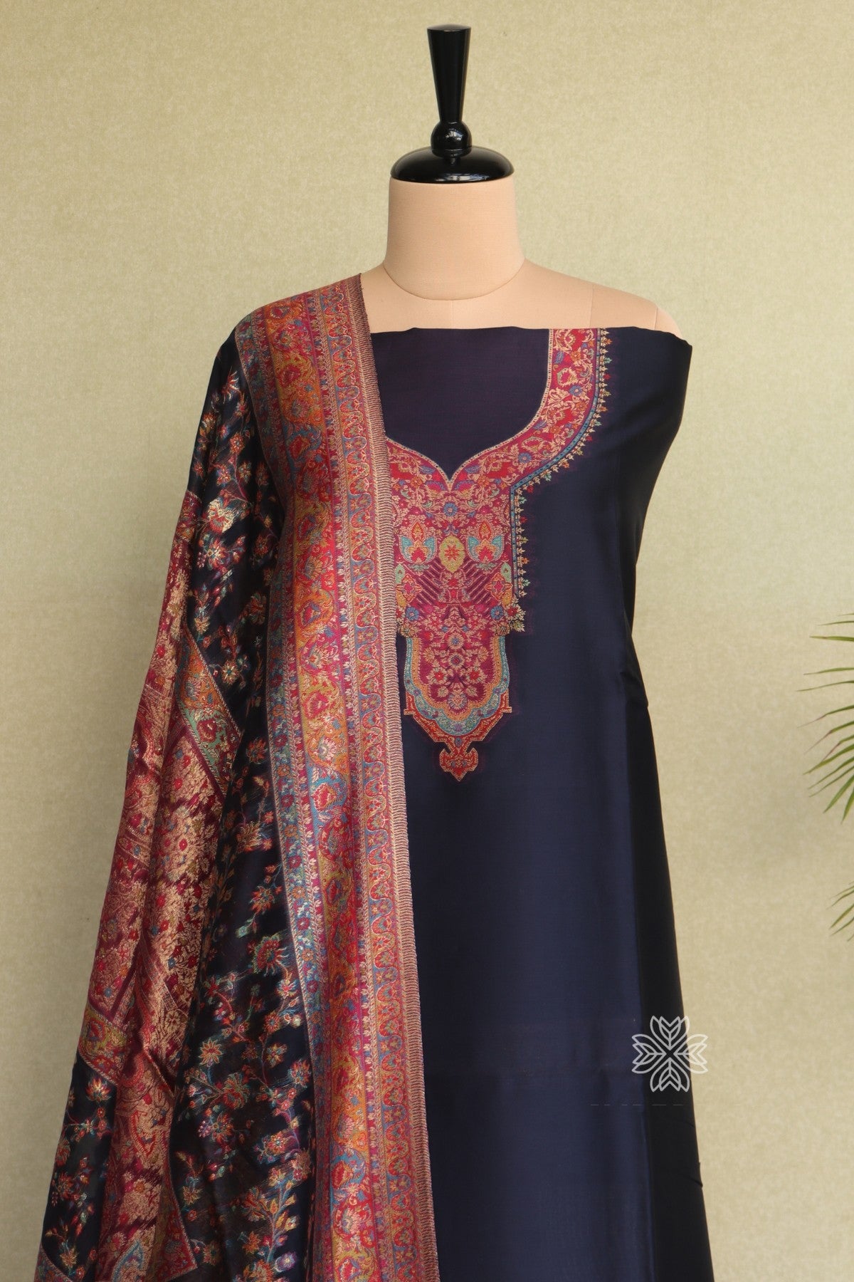 Navy Blue Kani Silk Suit with Allover Dupatta