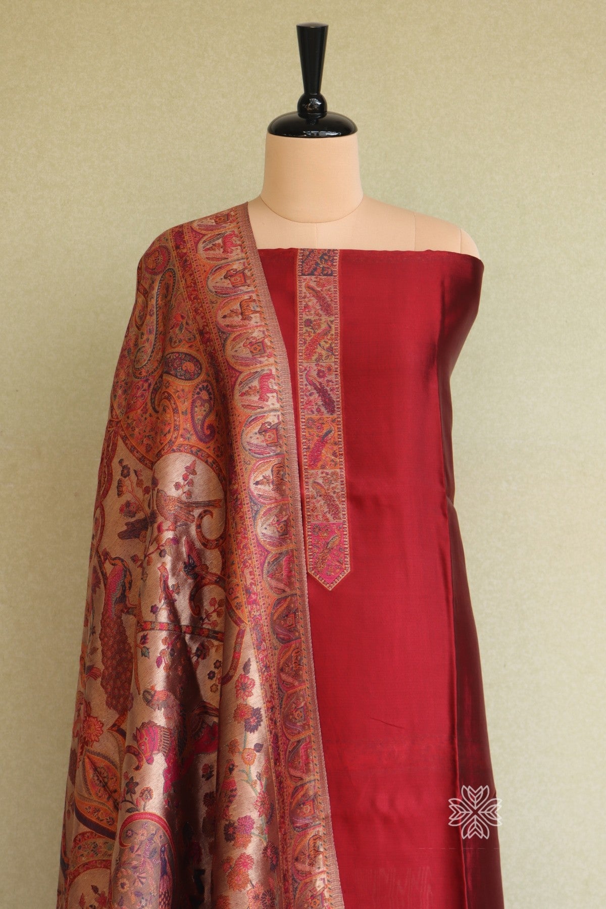 Maroon Kani Silk Suit with Tissue Silk Dupatta