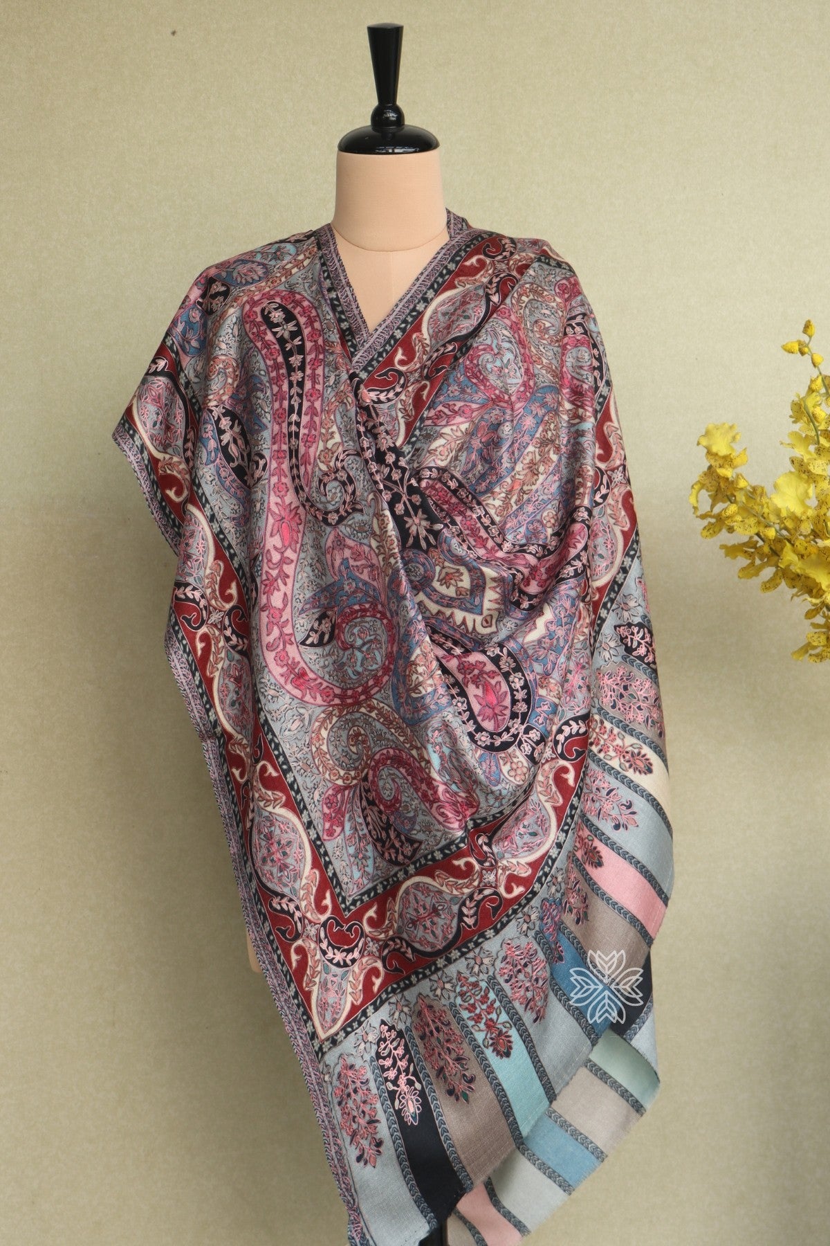 Grey Kalamkari Fine Wool Shawl for ladies