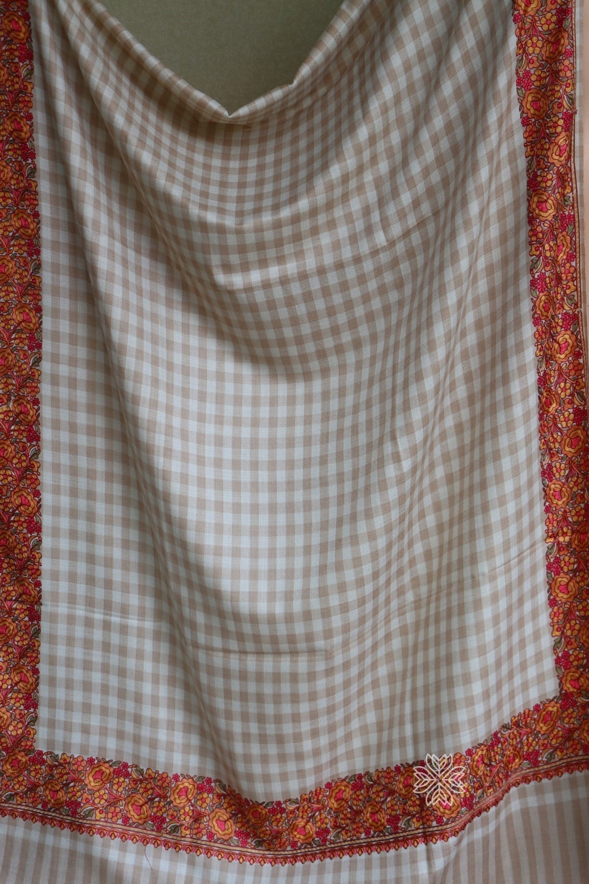 Beige Check Aari Fine Wool Shawl