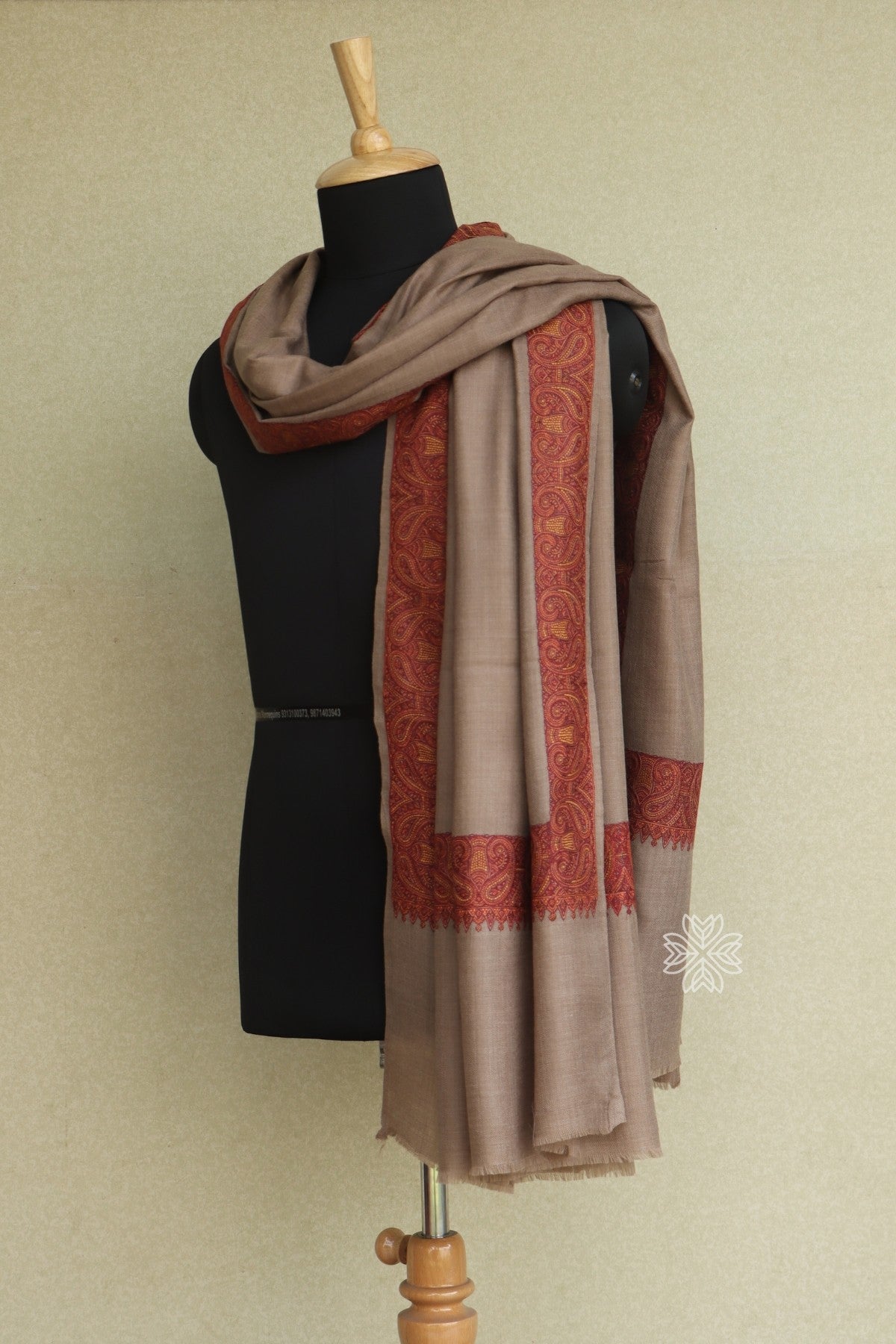 Natural Colored Sozni Embroidered Mens Fine Wool Shawl