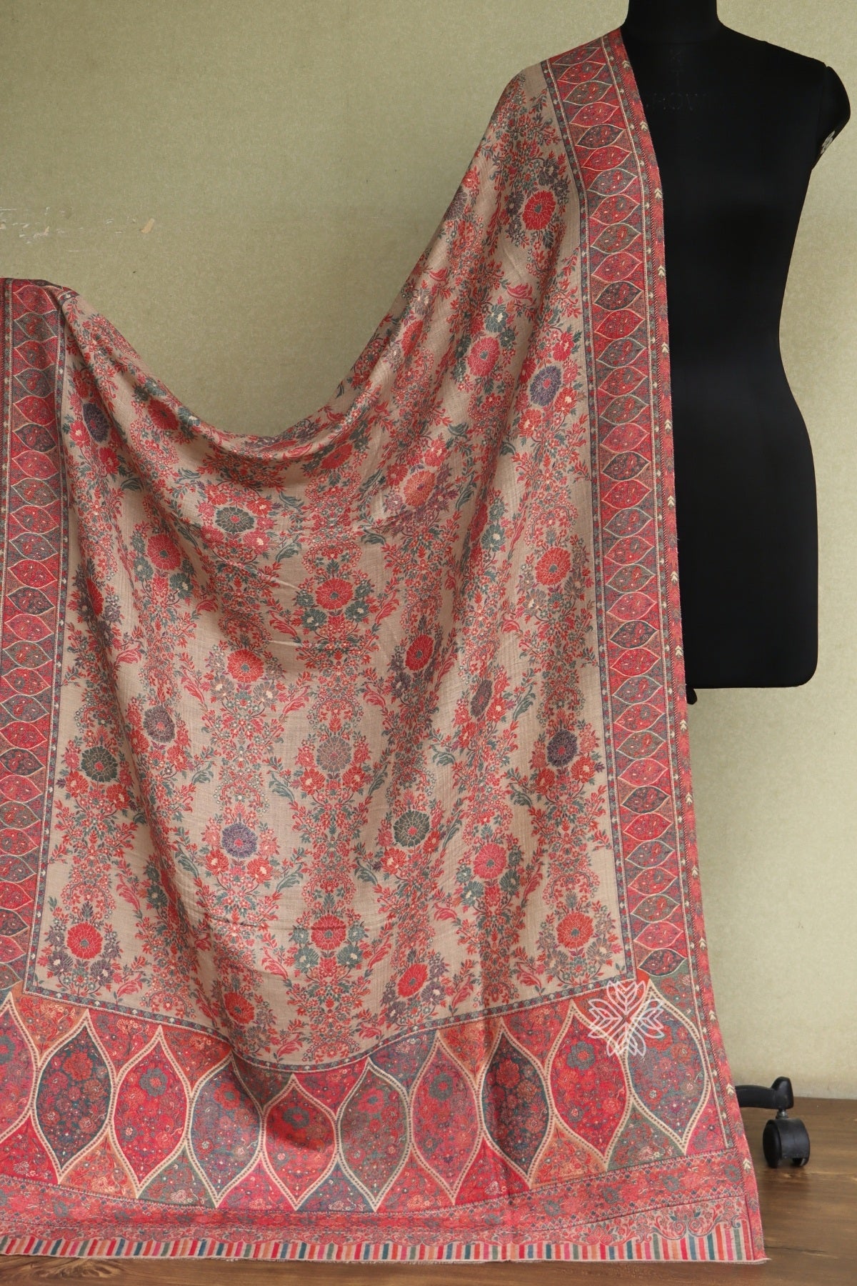 Beige Floral Kani Fine Wool Shawl