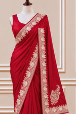 Red Kashmiri Tilla Hand Embroidered Satin Silk Saree