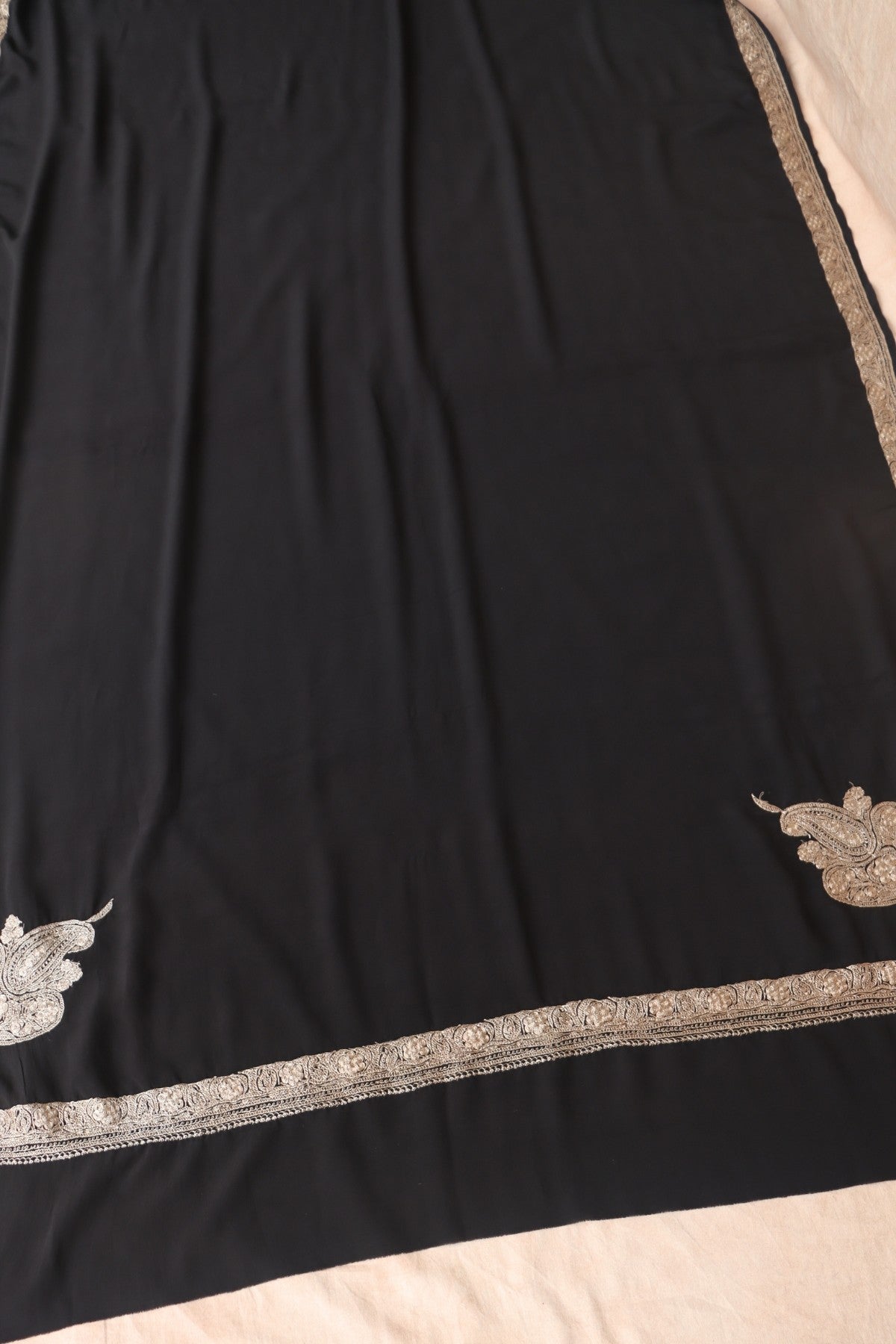 Black Kashmiri Tilla Hand Embroidered Crepe Silk Saree