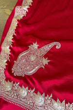 Red Kashmiri Tilla Hand Embroidered Satin Silk Saree