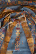 Grey Kani Silk Linen Suit with Floral Dupatta