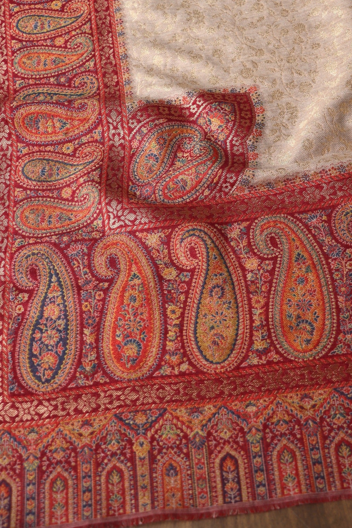 Beige Zari Kani Fine Wool Shawl