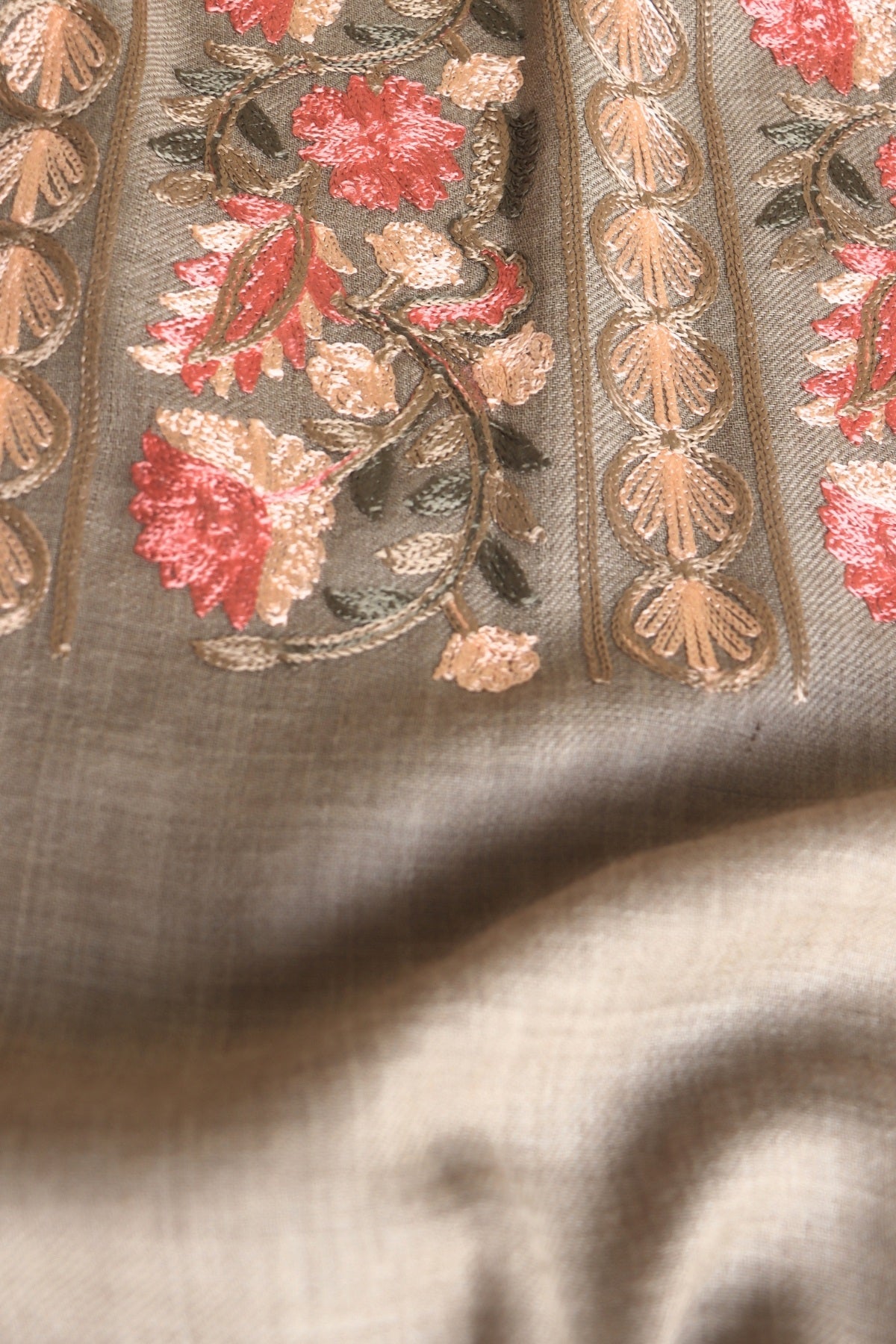 Beige Aari Embroidered Fine Wool Shawl