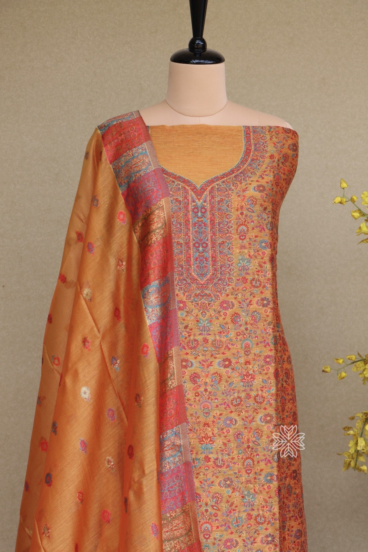 Yellow Kani Silk Linen Suit with Zari