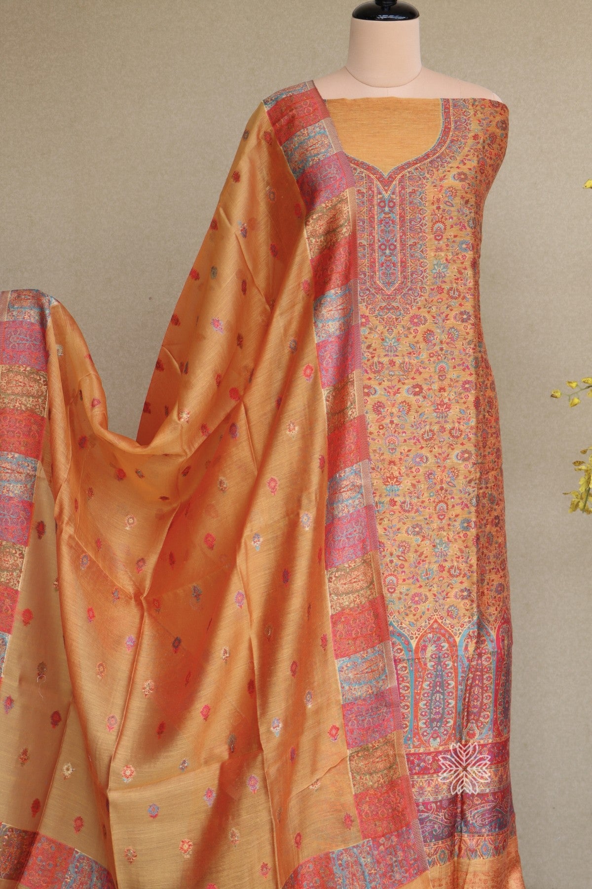 Yellow Kani Silk Linen Suit with Zari