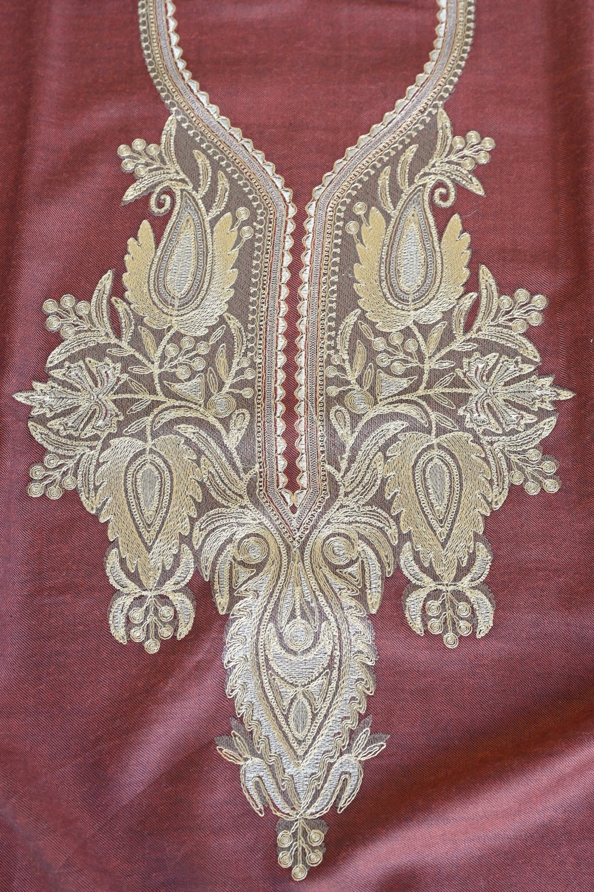 Maroon Fine Wool Zari Embroidered Unstitched Suit