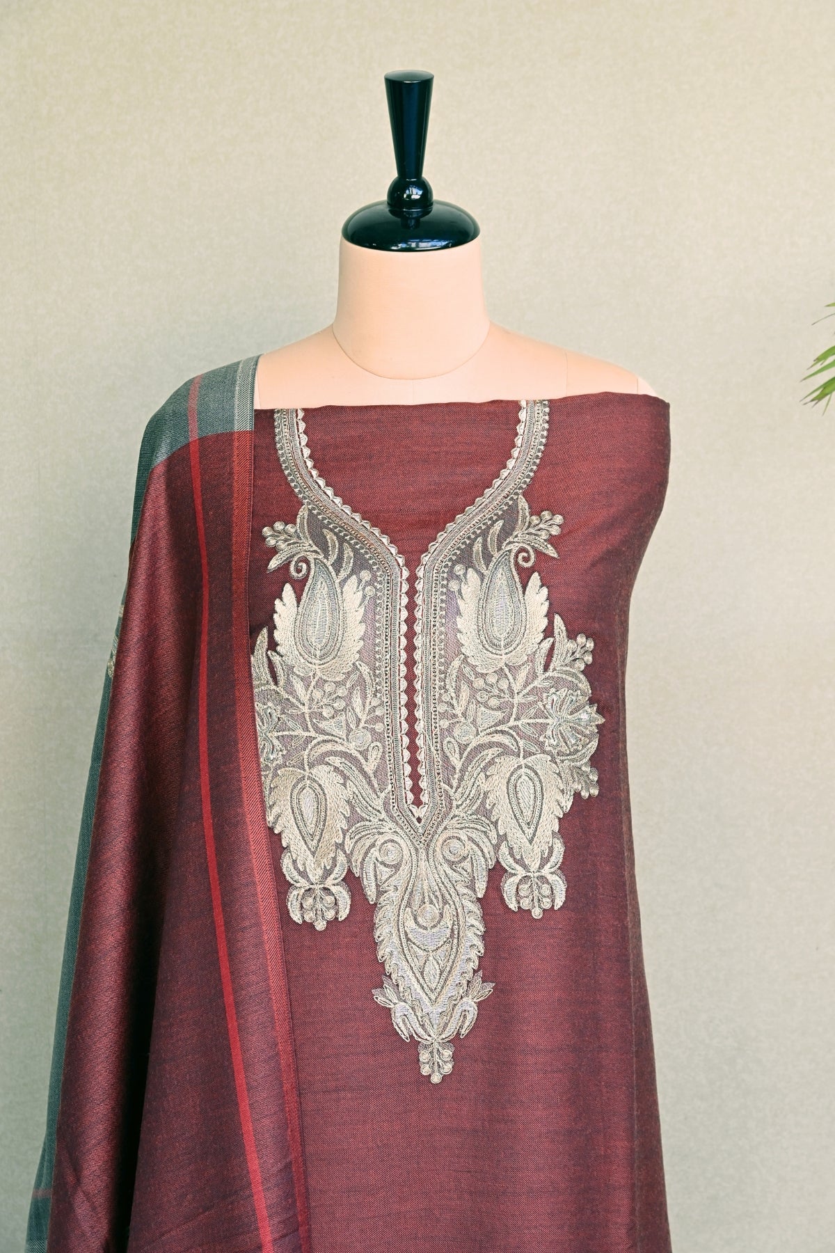 Maroon Fine Wool Zari Embroidered Unstitched Suit