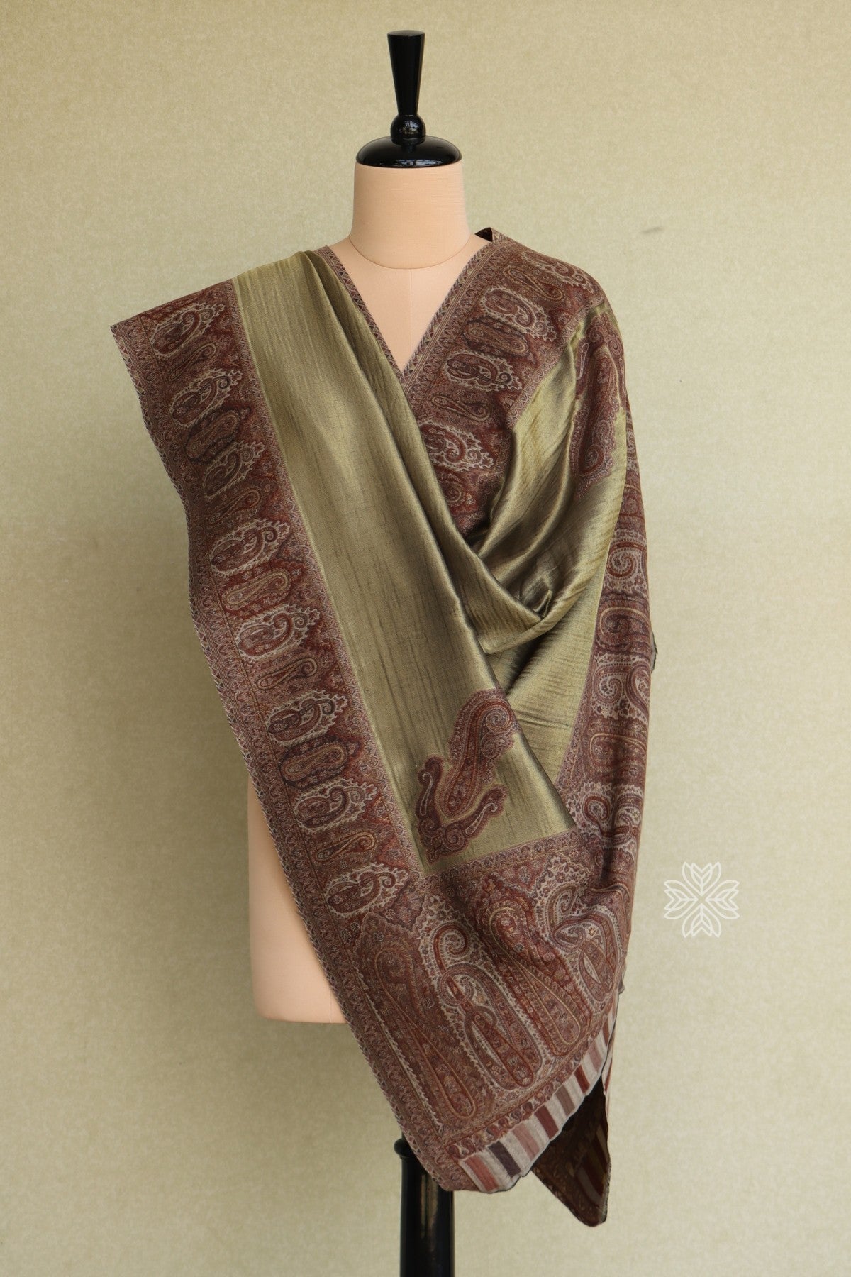 Antique Gold Zari and Beige Kani Fine Wool Shawl