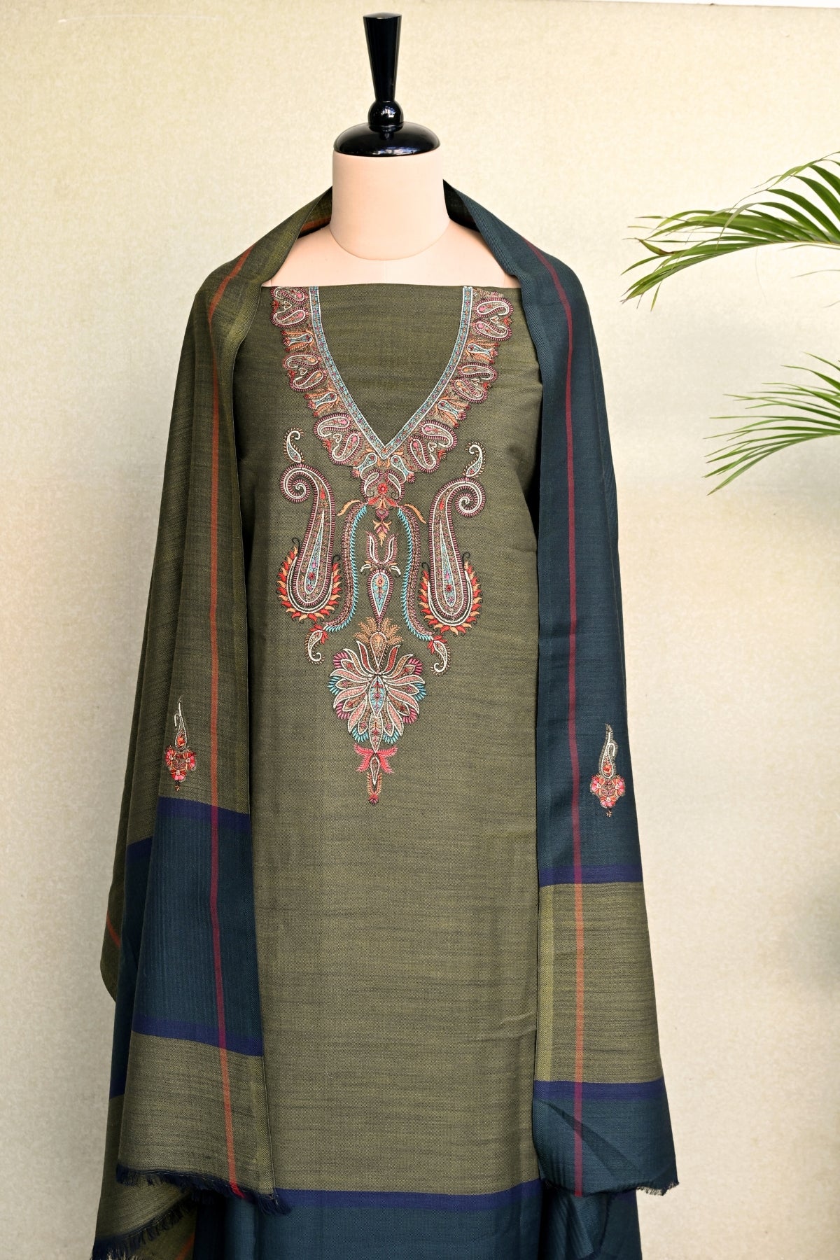 Olive Green Fine Wool Embroidered Unstitched Suit
