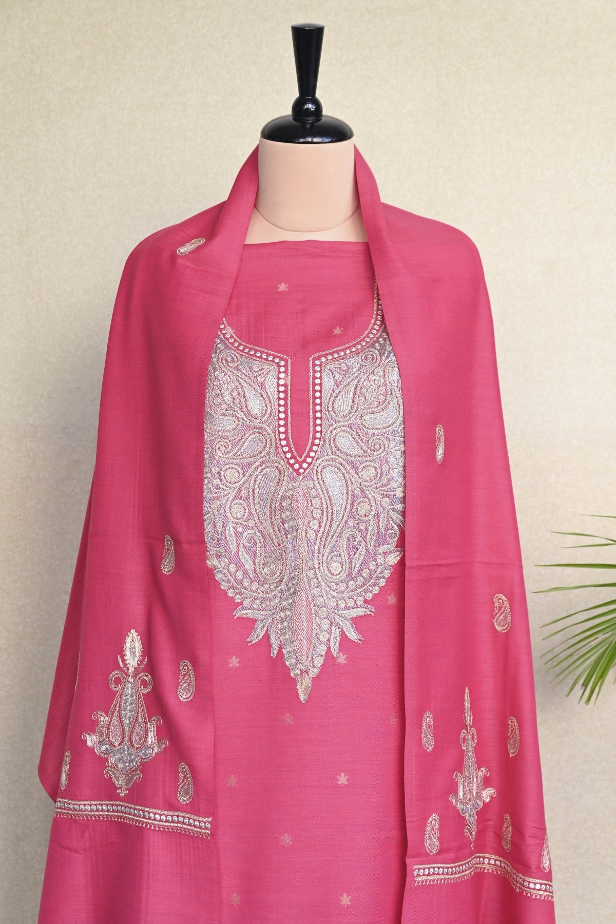 Pink Fine Wool Zari Embroidered Unstitched Suit