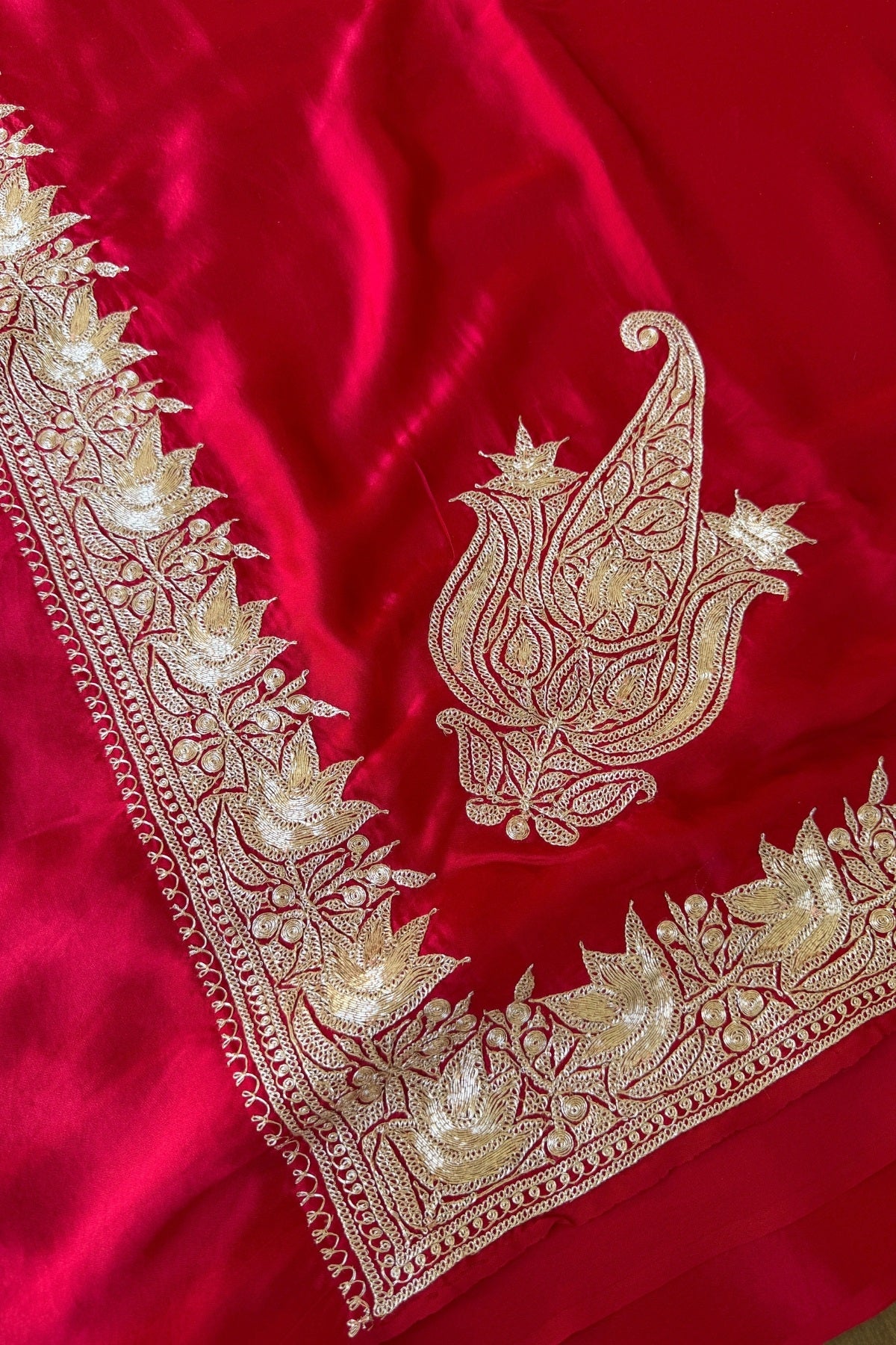 Red Kashmiri Tilla Hand Embroidered Satin Silk Saree