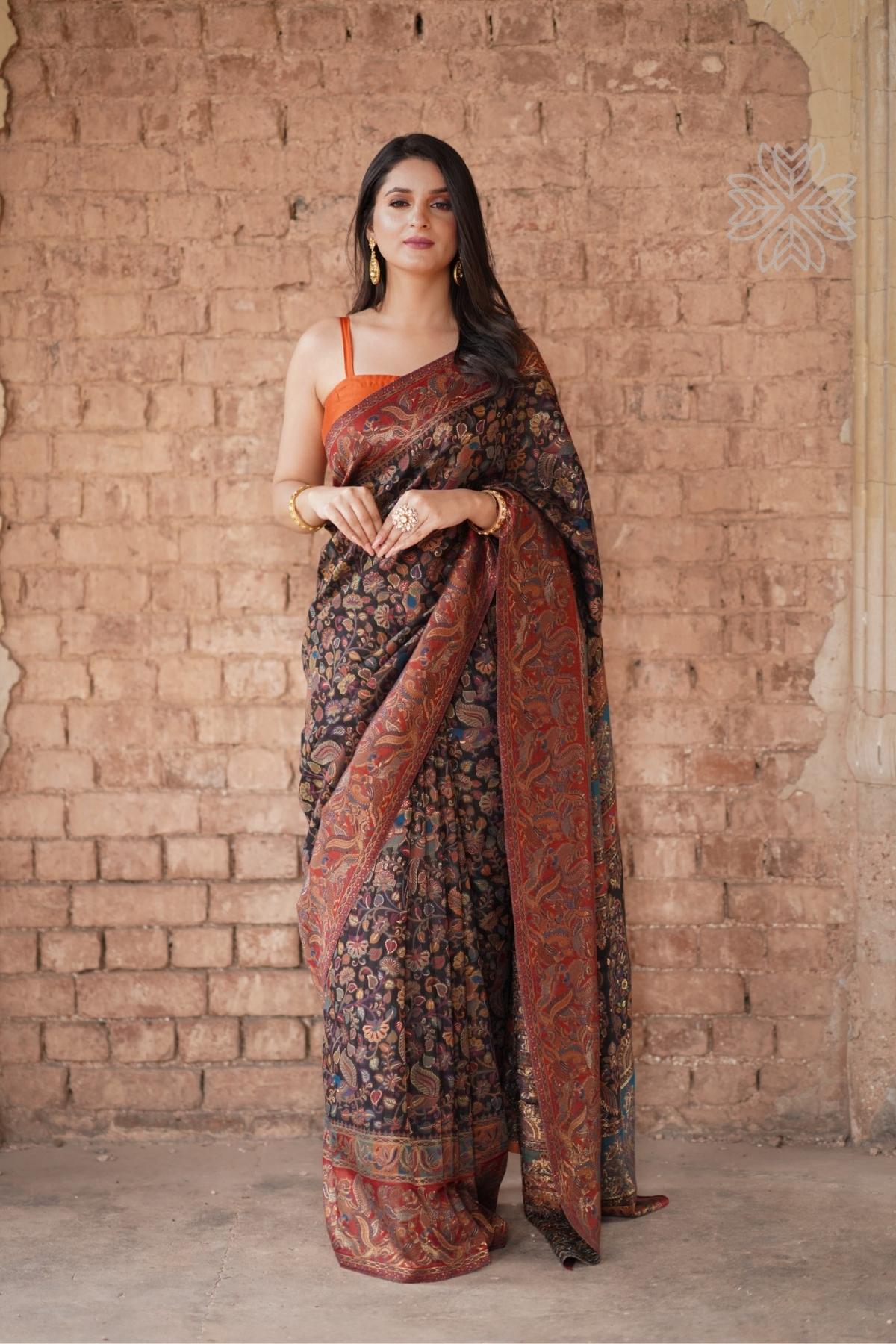 Smoky Black Kani Kalamkari Silk SareeImperial Weaves
