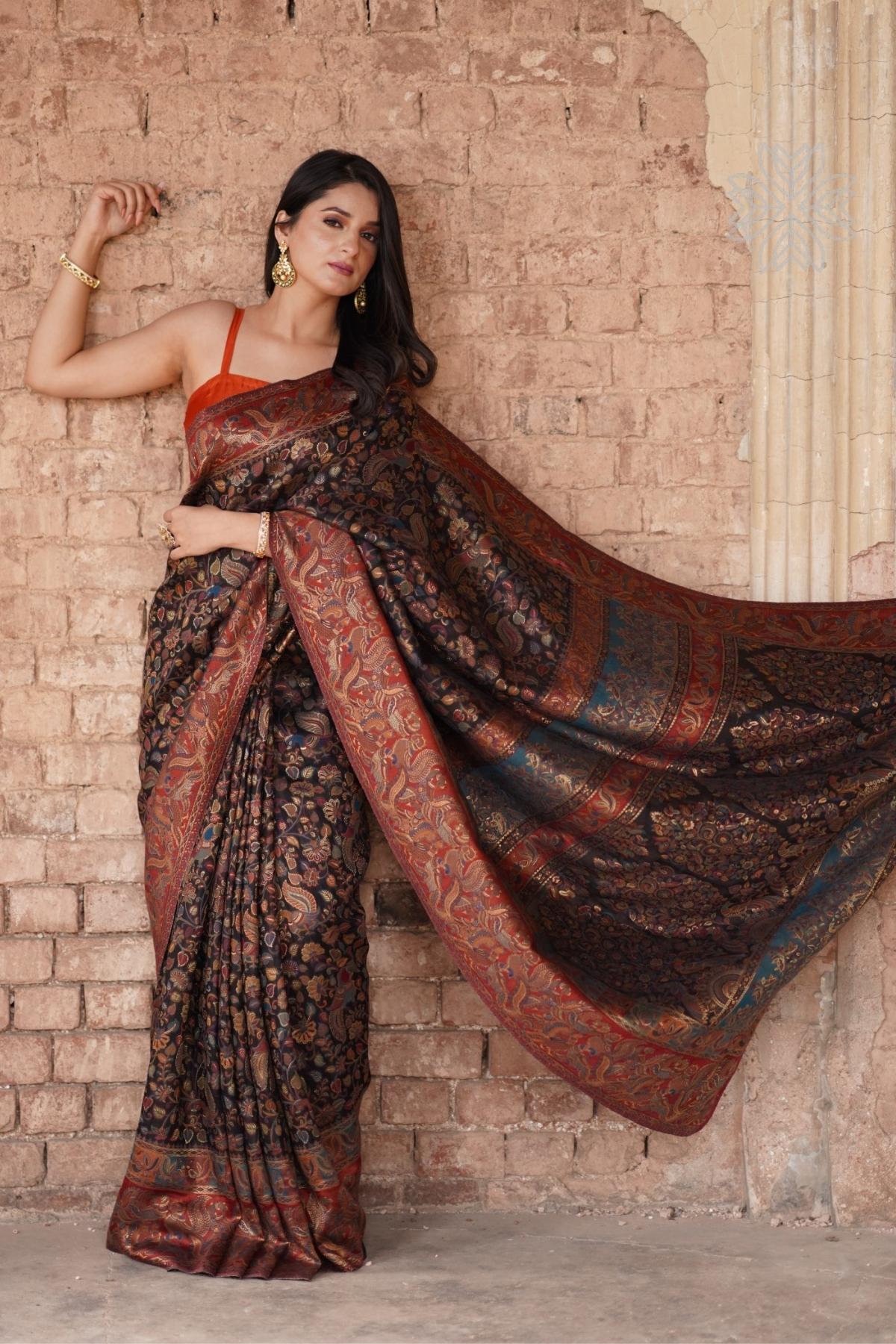 Smoky Black Kani Kalamkari Silk SareeImperial Weaves