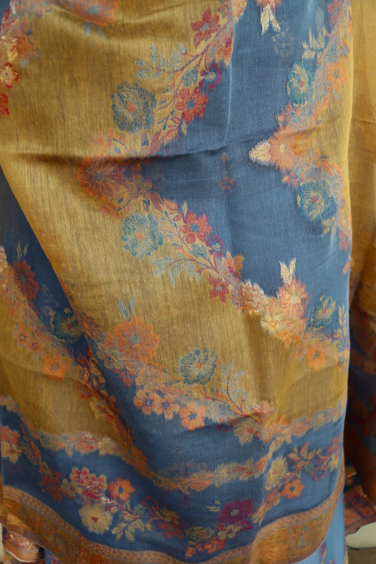 Grey Kani Silk Linen Suit with Floral Dupatta