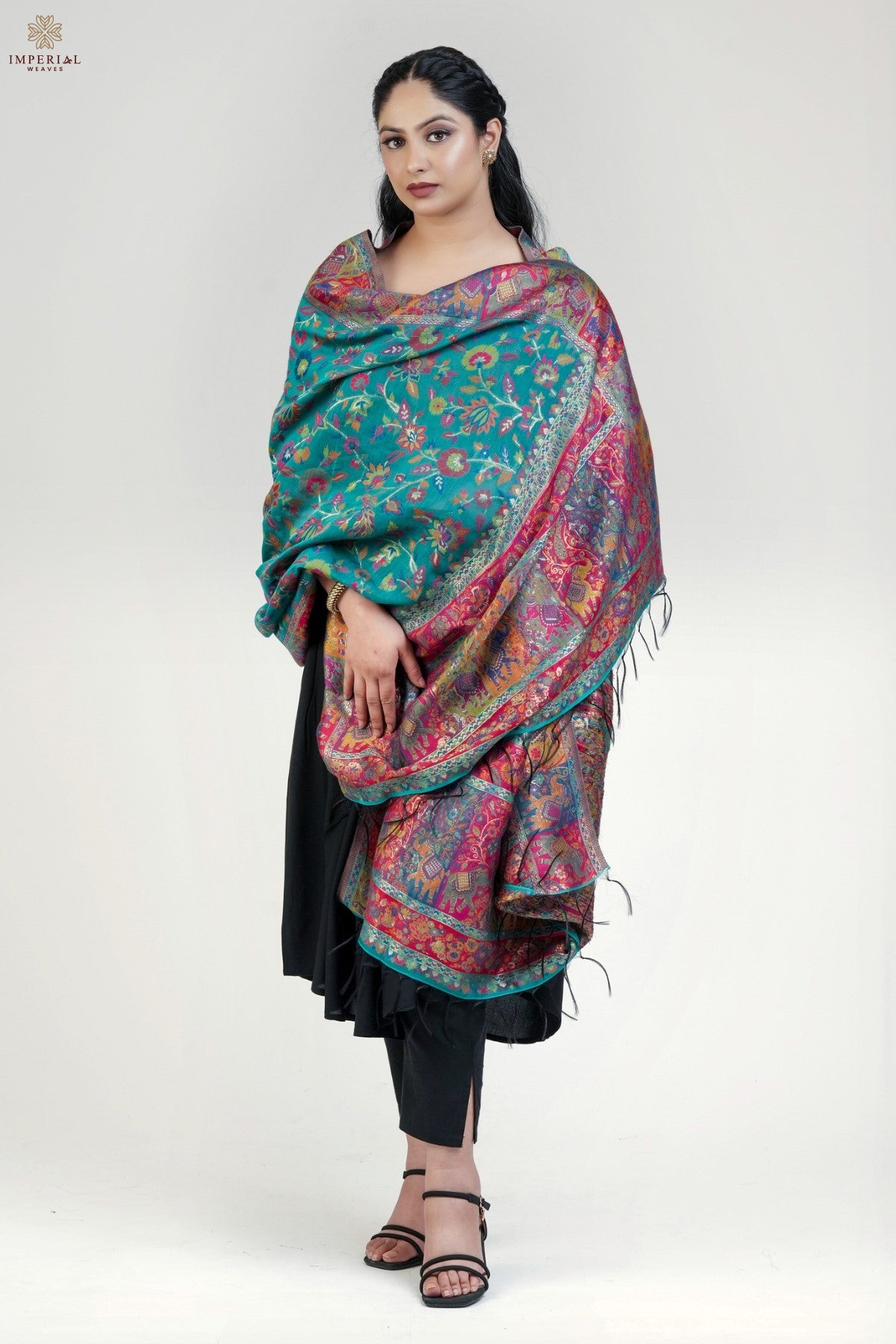 Rama Green Kani Silk Floral Dupatta with Figure