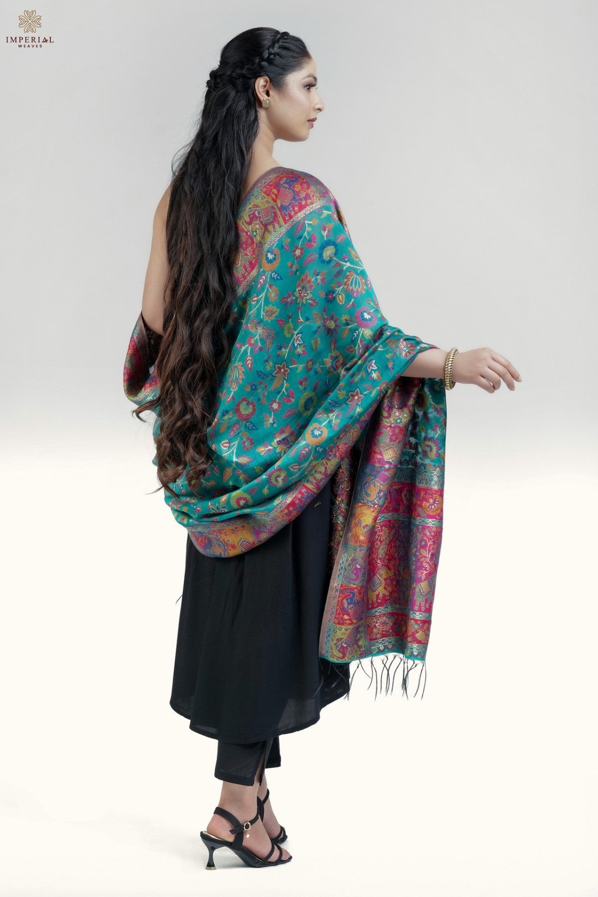 Rama Green Kani Silk Floral Dupatta with Figure