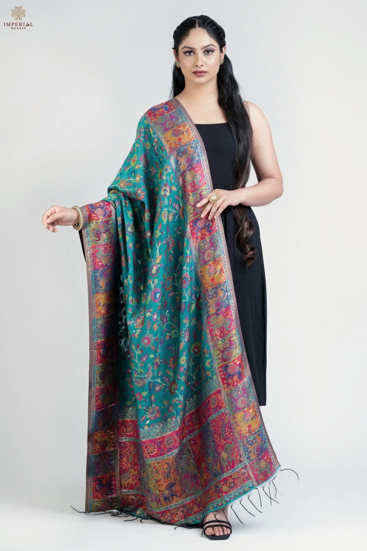 Rama Green Kani Silk Floral Dupatta with Figure