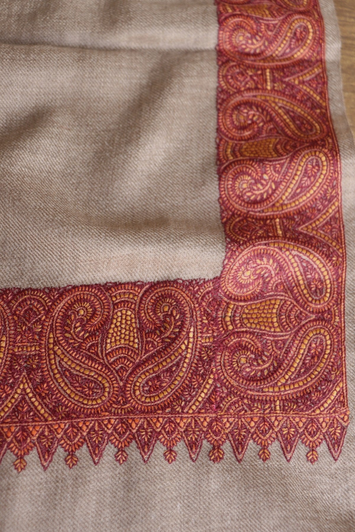 Natural Colored Sozni Embroidered Mens Fine Wool Shawl