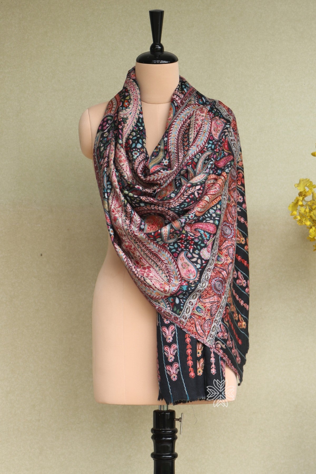 Black Kalamkari Embroidered Stole