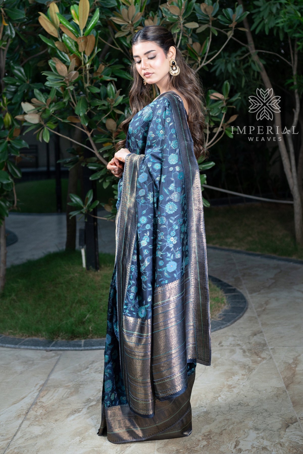 Navy Blue Kani Organza Silk Saree