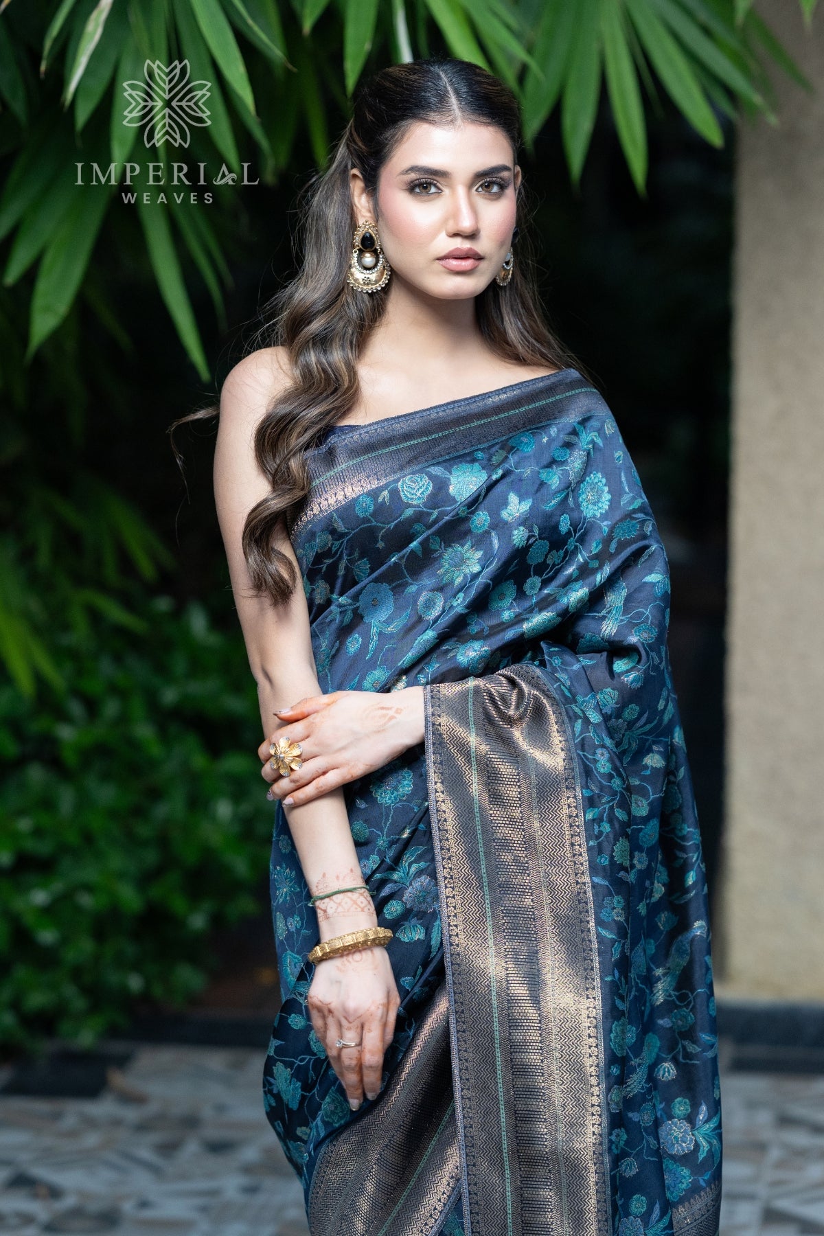 Navy Blue Kani Organza Silk Saree