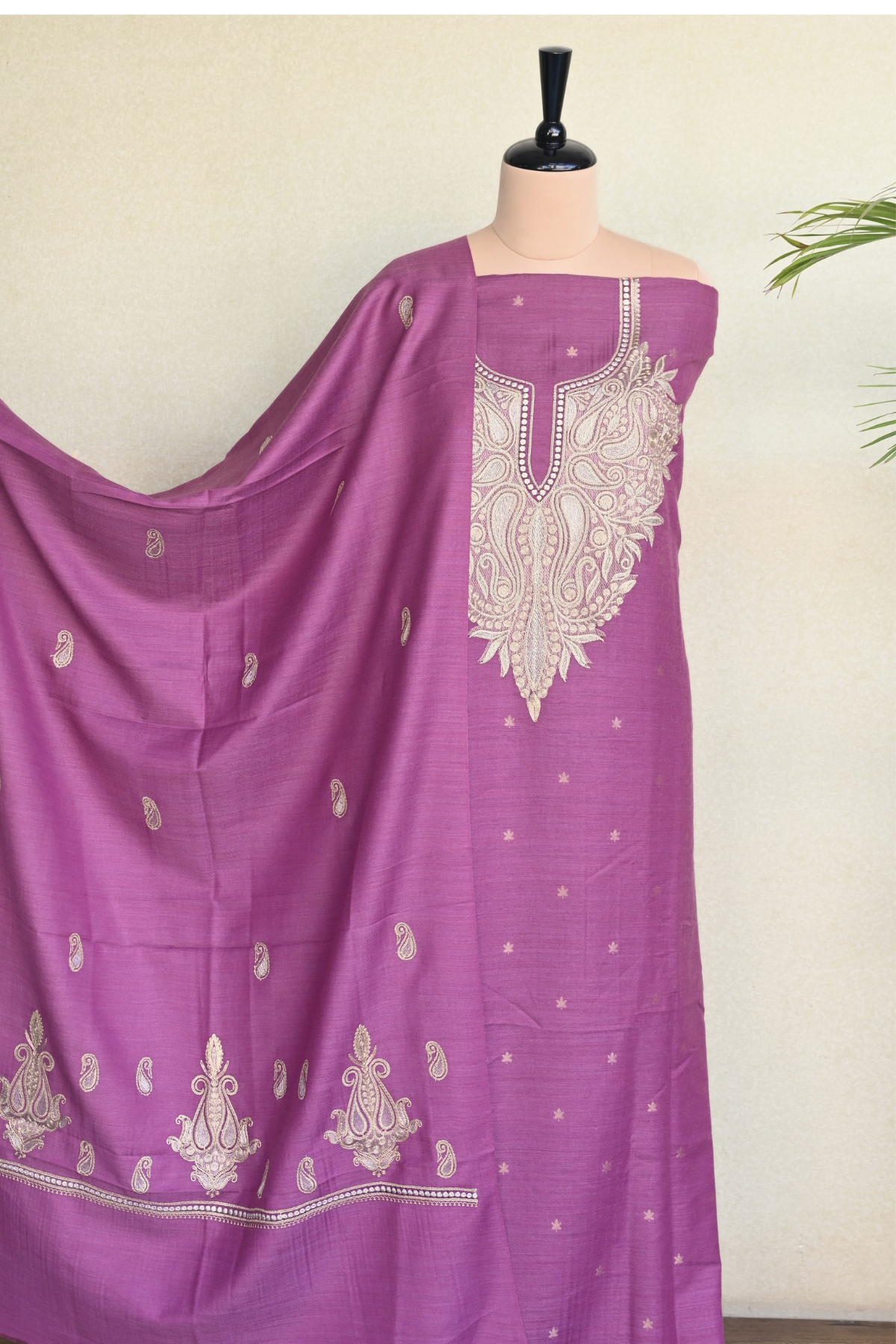 Mauve Fine Wool Zari Embroidered Unstitched Suit