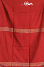 A red sleeve or fabric panel with a horizontal patterned band across the middle and a matching band near the bottom, shown flat against a white background. The word 'Sleeves' appears at the top. Kani silk suit 