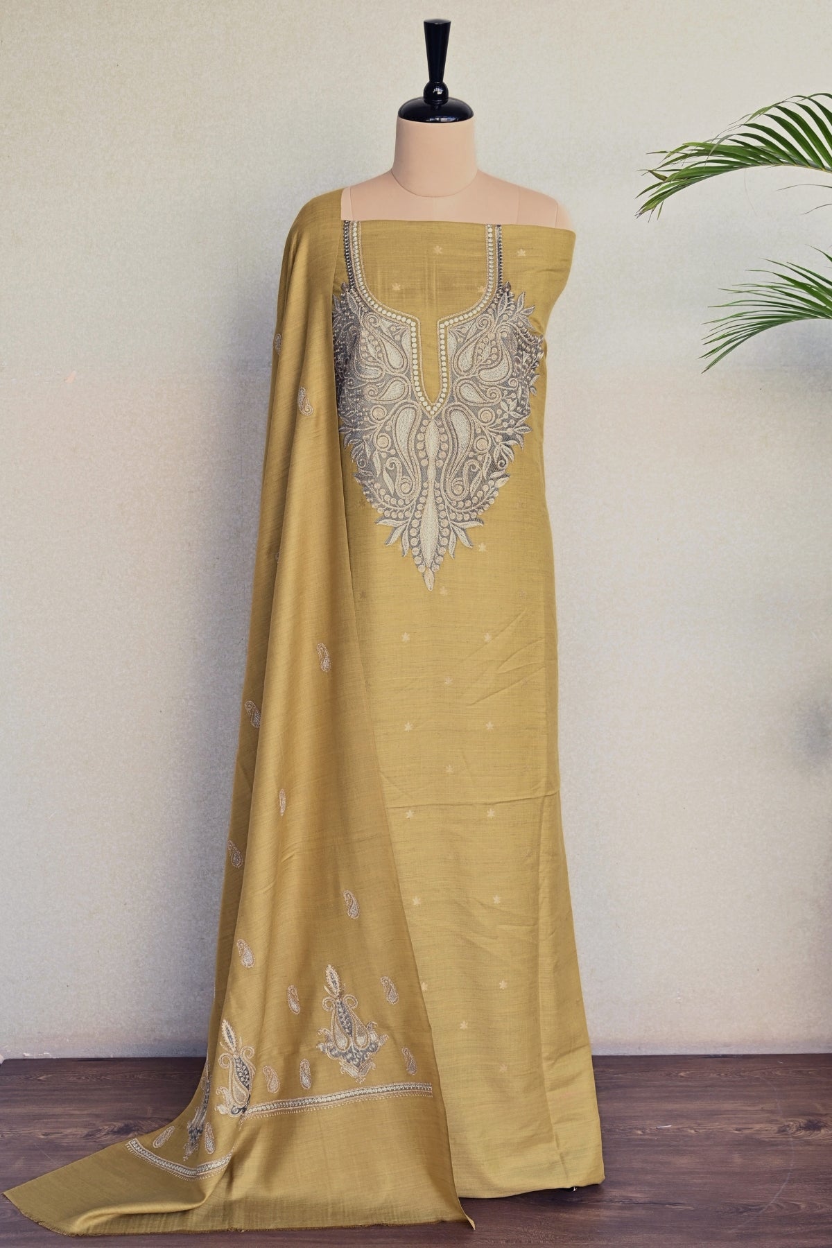 Mustard Fine Wool Zari Embroidered Unstitched Suit