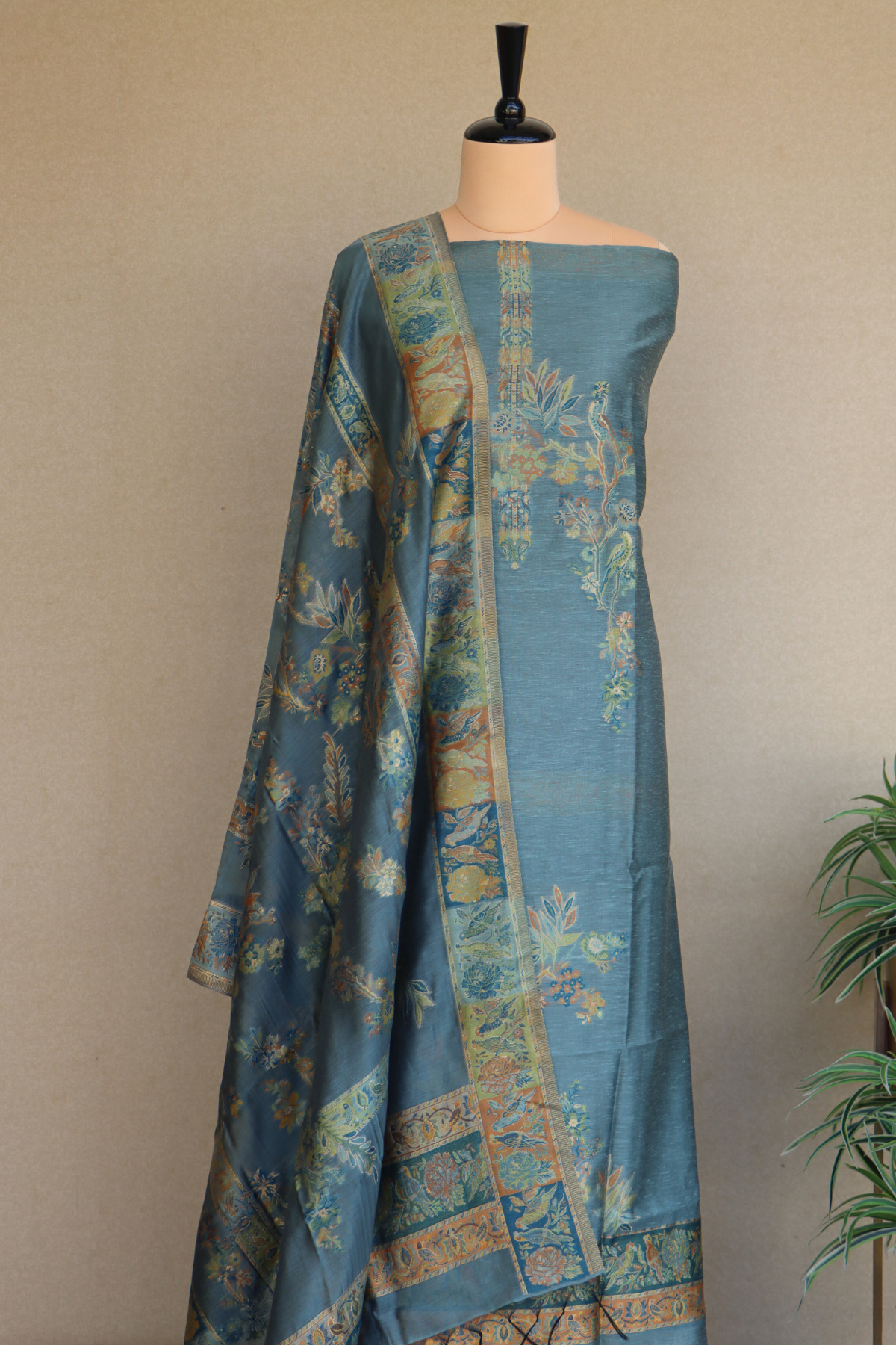 Sage Green Kani Silk Linen Suit With Floral Dupatta