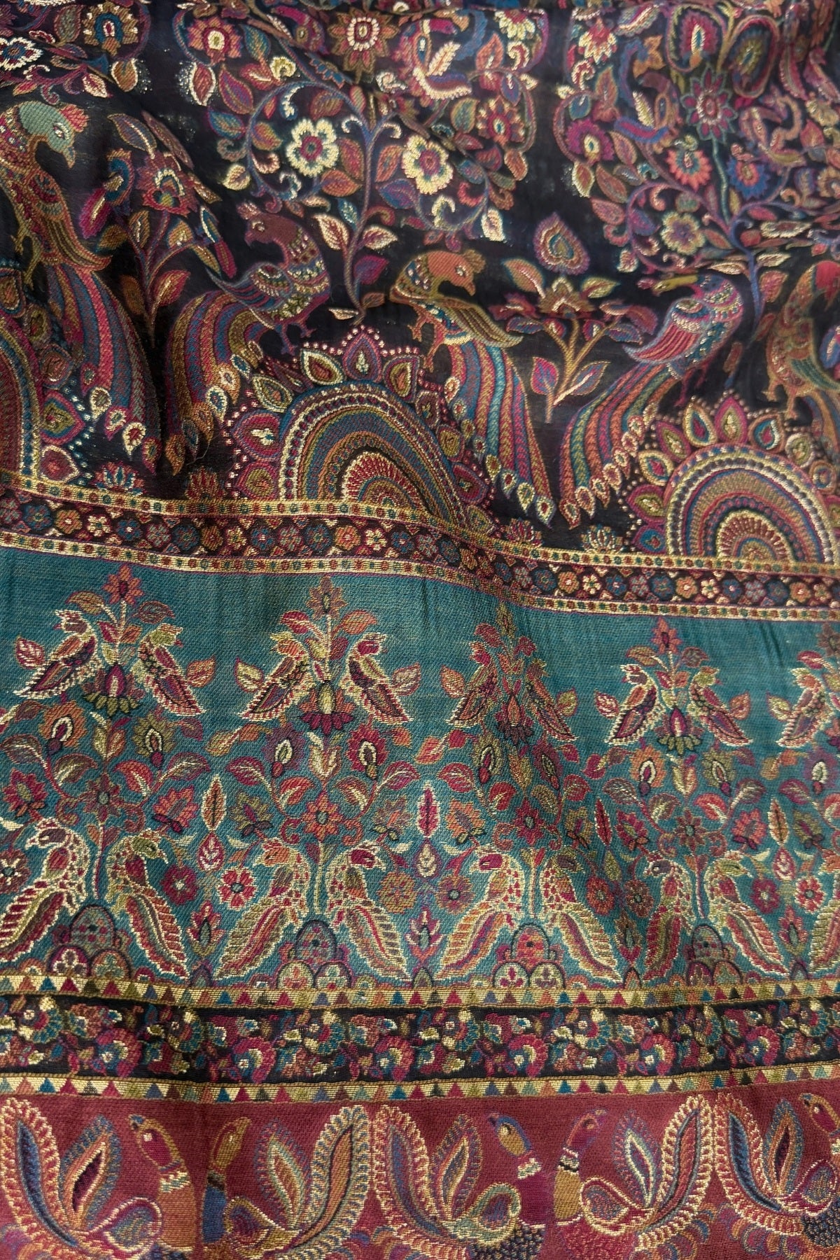 Smoky Black Kani Kalamkari Silk Saree